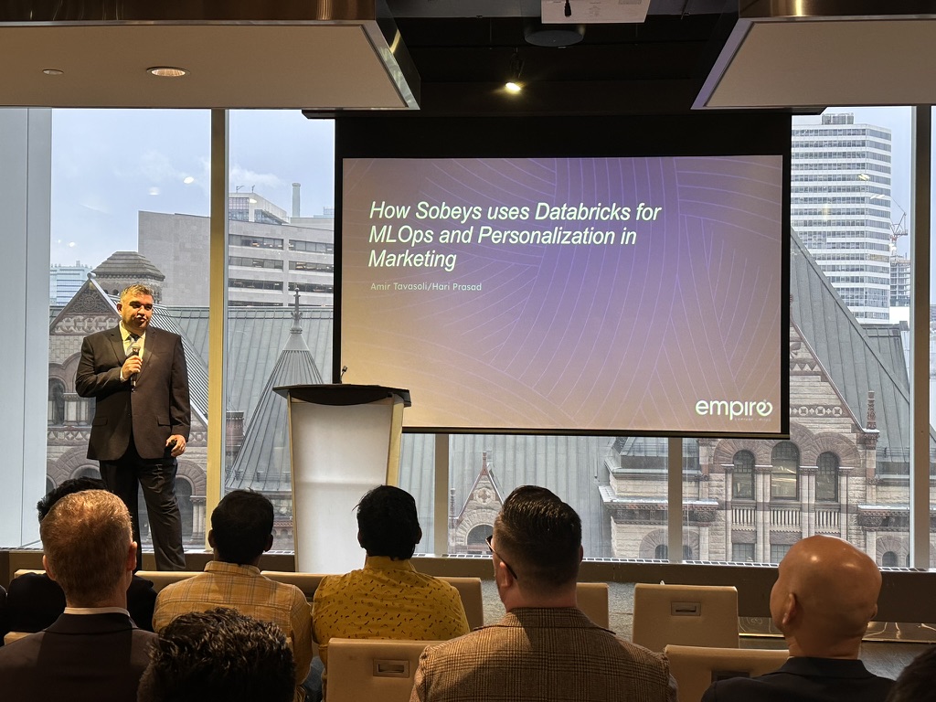 Amir Tavasoli presenting "How Sobeys uses Databricks for MLOps and Personalization in Marketing" at the Databricks Toronto User Group meetup
